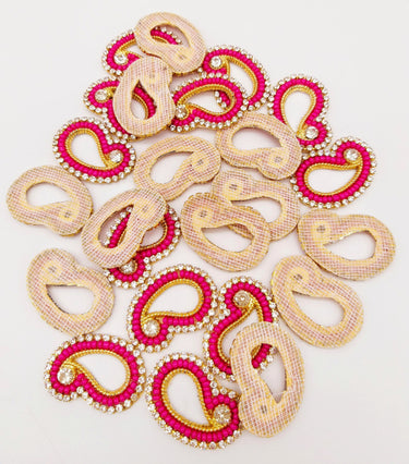 5 Paisley Appliques In Magenta Pink Beads and Rhinestones, Gold Paisley Appliques, Beaded Applique